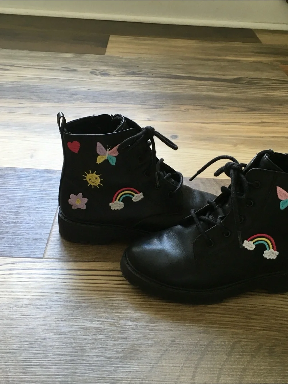 Kids Wonder Nation Black Combat Boots with Embroidered Accents